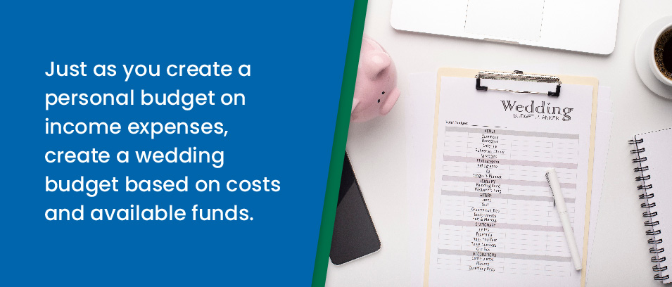 Just as you create a personal budget on income and expenses, create a wedding budget based on costs and available funds - image of a wedding budget